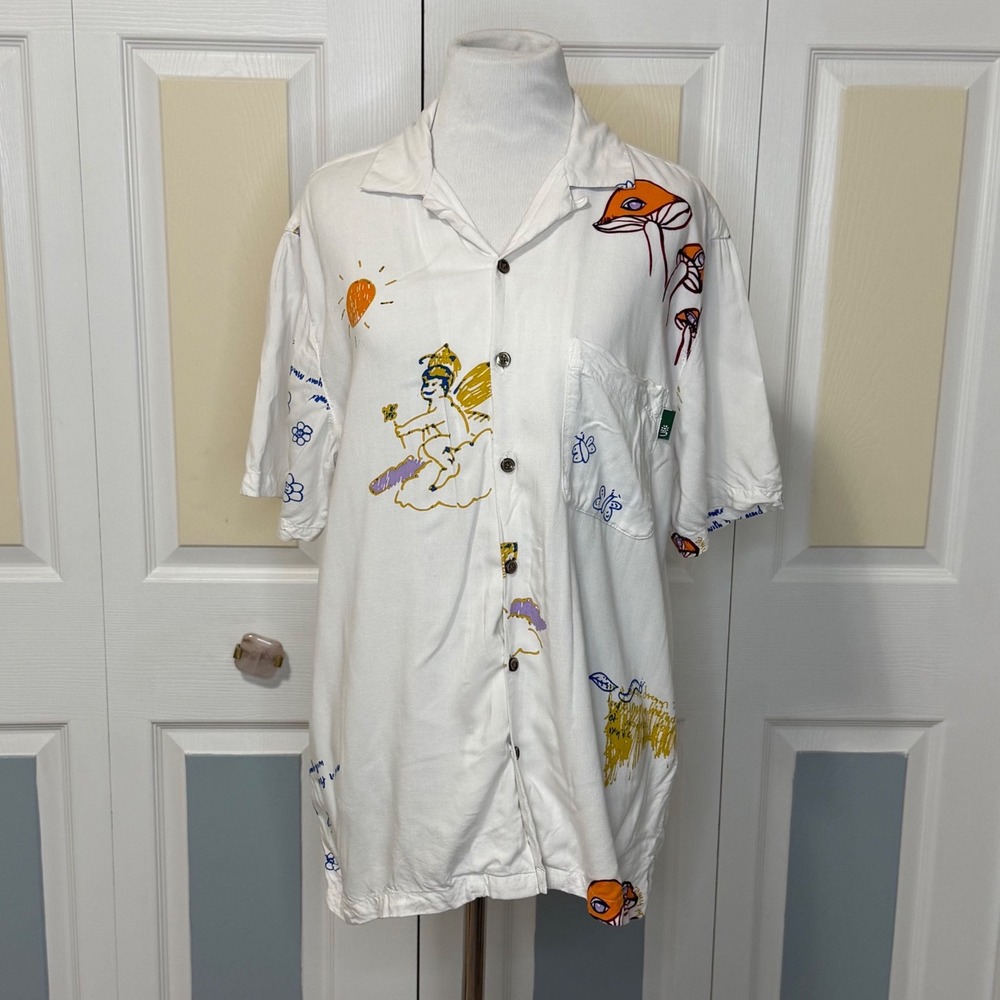 Urban Outfitters White Button-Down Shirt with Orange & Purple Graphic